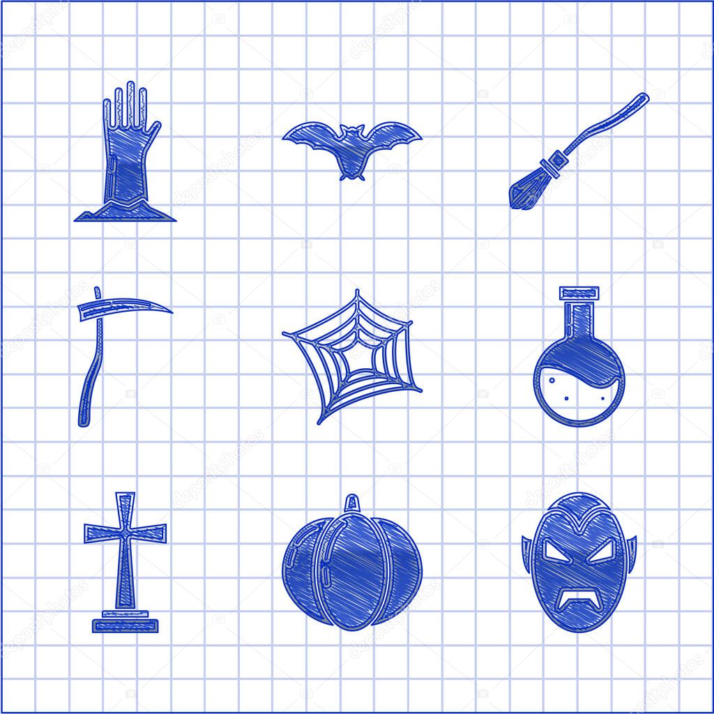 Set Spider web, Pumpkin, Vampire, Bottle with potion, Tombstone cross, Scythe, Witches broom and Zombie hand icon. Vector