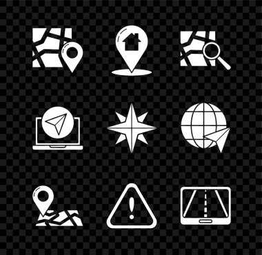 Set Folded map with location marker, Map pointer house, Exclamation triangle, Infographic of city navigation, and Wind rose icon. Vector