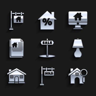 Set Hanging sign with text Sale, Sold, Search house, Table lamp, House, contract, Computer monitor smart home and icon. Vector