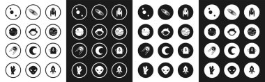Set Robot, Astronaut helmet, Death star, Solar system, Planet, Alien and Satellite icon. Vector