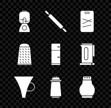 Set Blender, Rolling pin, Cutting board, Funnel or filter, Salt and pepper, Grater and Refrigerator icon. Vector