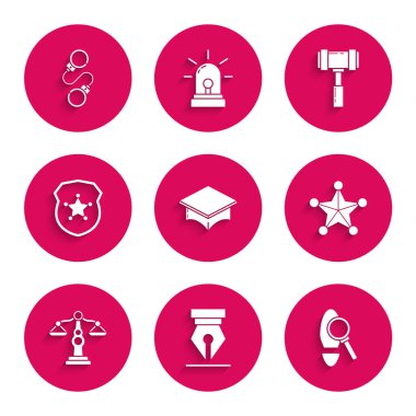Set Graduation cap, Fountain pen nib, Magnifying glass with footsteps, Hexagram sheriff, Scales of justice, Police badge, Judge gavel and Handcuffs icon. Vector