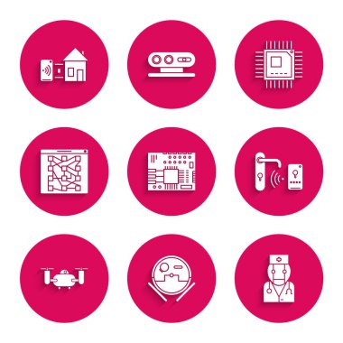 Set Printed circuit board PCB, doctor, Digital door lock with wireless technology for unlock, Drone flying action camera, Global social network, Processor microcircuits CPU and Smart home icon. Vector