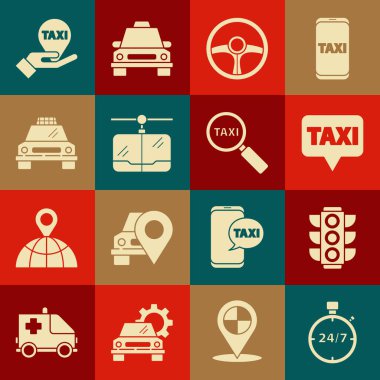 Set Stopwatch 24 hours, Traffic light, Map pointer with taxi, Steering wheel, Cable car, Taxi, Hand on map and Magnifying glass icon. Vector