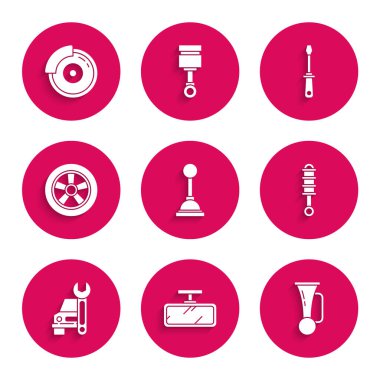 Set Gear shifter, Car mirror, Signal horn on vehicle, Shock absorber, service, wheel, Screwdriver and brake disk with caliper icon. Vector