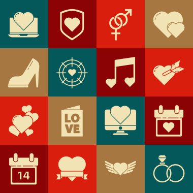 Set Wedding rings, Calendar with heart, Amour and arrow, Gender, Heart the center of darts target aim, Woman shoe high heel, Laptop and Music note, tone hearts icon. Vector
