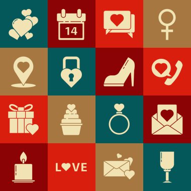 Set Wine glass, Envelope with heart, Telephone speech bubble, Like and, Castle the shape of, Map pointer, Heart and Woman shoe high heel icon. Vector