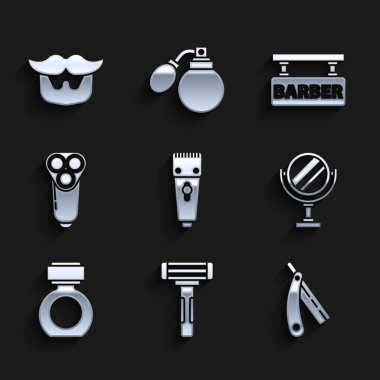 Set Electrical hair clipper or shaver, Shaving razor, Straight, Round makeup mirror, Aftershave, blade for men, Barbershop and Mustache and beard icon. Vector