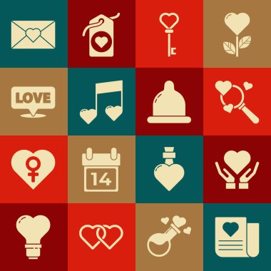 Set Envelope with Valentine heart, Heart on hand, Search love, Key shape, Music note, tone hearts, Speech bubble text, and Condom icon. Vector