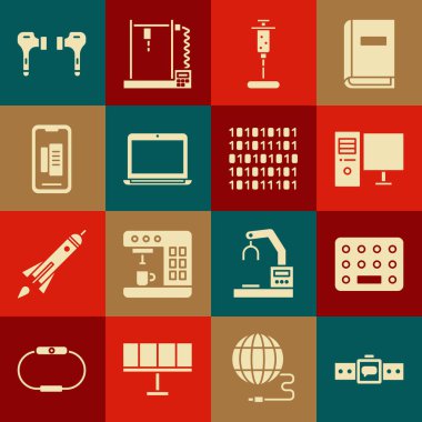 Set Smartwatch, Pills in blister pack, Computer monitor, Syringe, Laptop, Smartphone, mobile phone, Air headphones and Binary code icon. Vector