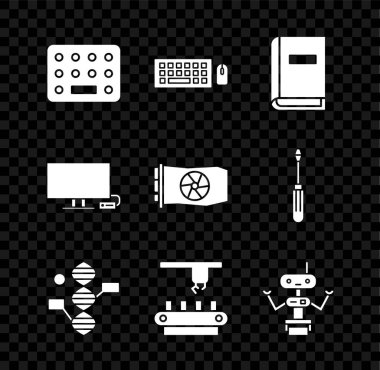 Set Pills in blister pack, Keyboard and mouse, User manual, DNA symbol, Factory conveyor system belt, Robot, Smart Tv and Video graphic card icon. Vector