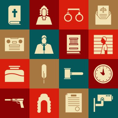 Set Security camera, Clock, Suspect criminal, Handcuffs, Lawyer, attorney, jurist, Retro audio cassette tape, Holy bible book and icon. Vector