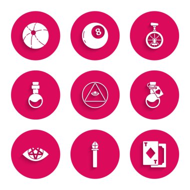 Set Masons, Magic staff, Playing cards, Bottle with love potion, Pentagram, Unicycle or one wheel bicycle and Beach ball icon. Vector