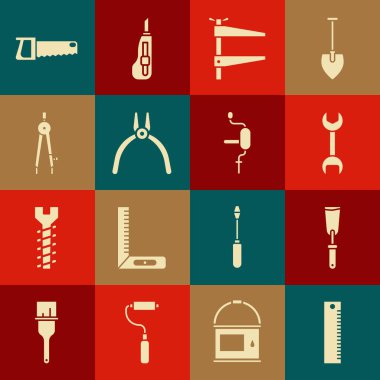 Set Ruler, Putty knife, Wrench spanner, Clamp tool, Pliers, Drawing compass, Hand saw and drill icon. Vector