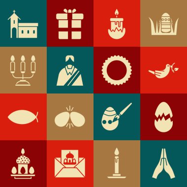 Set Hands in praying position, Broken egg, Peace dove with olive branch, Burning candle, Jesus Christ, Candelabrum candlesticks, Church building and Sun icon. Vector