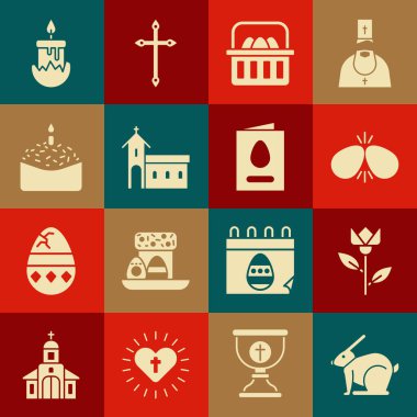 Set Easter rabbit, Flower tulip, eggs, Basket with easter, Church building, cake and candle, Burning and Greeting card Happy icon. Vector