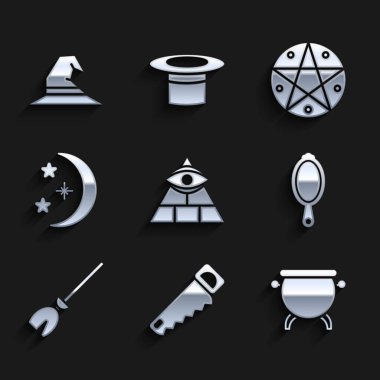 Set Masons, Hand saw, Witch cauldron, Magic hand mirror, Witches broom, Moon stars, Pentagram in circle and hat icon. Vector
