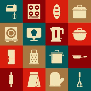 Set Spatula, Frying pan, Cooking pot, Bread loaf, Chef hat with location, Electric stove, mixer and kettle icon. Vector