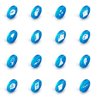 Set Vip inside head, Firework, Gift box, Balloon form of heart, Location, Beer can, Musical note speech bubble and Photo icon. Vector