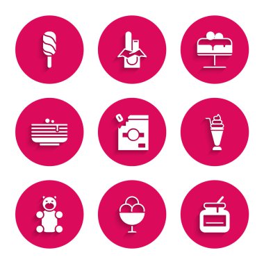 Set Candy packaging for sweets, Ice cream bowl, Jar of honey, Milkshake, Jelly bear candy, Stack pancakes, Cake plate and icon. Vector