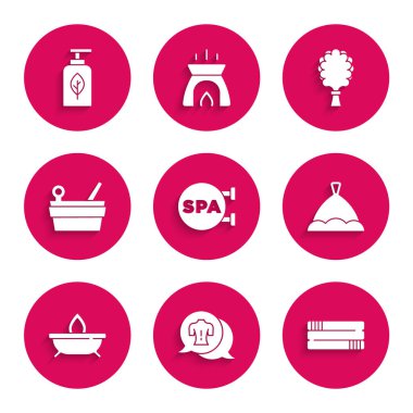Set Spa salon, Massage, Towel stack, Sauna hat, Aroma candle, bucket ladle, broom and Essential oil bottle icon. Vector