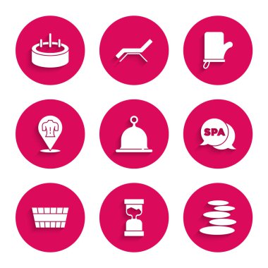 Set Sauna hat, Old hourglass, Stack hot stones, Spa salon, bucket, Massage, mittens and Swimming pool with ladder icon. Vector