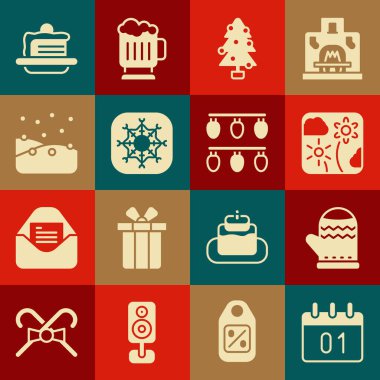 Set Calendar, Christmas mitten, Firework rocket, tree, Snowflake, Snowfall, Cake and lights icon. Vector