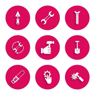 Set Hammer, Settings in the hand, Shovel, Chainsaw, Wrench arrows as workflow, Metallic screw and Trowel icon. Vector