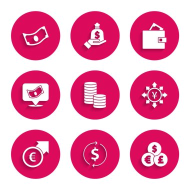 Set Coin money with dollar, Financial growth and, Currency exchange, Yen, euro, Stacks paper cash, Wallet and icon. Vector