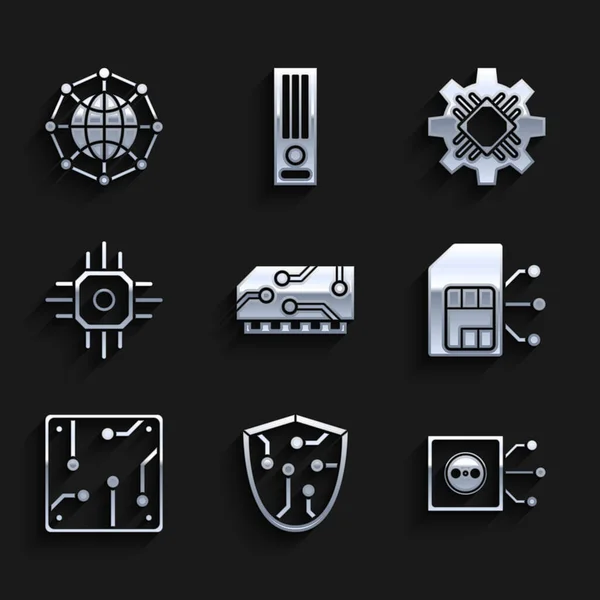 Set RAM, random access memory, Cyber security, Remote control, Sim card, Processor, and Global technology social network icon. Vector — 图库矢量图片