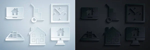 Set Home symbol, Clock, Swimming pool with ladder, Computer monitor smart home, Hand truck and boxes and Laptop icon. Vector — Stok Vektör