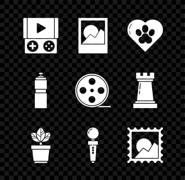 Set Portable video game console, Photo frames, Heart with animals footprint, Flowers pot, Joystick for arcade machine, Picture landscape, Fitness shaker and Film reel icon. Vector — Stockvektor