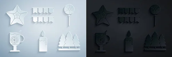 Set Burning candle in candlestick, Lollipop, Mulled wine with glass of drink, Christmas trees, Carnival garland flags and star icon. Vector — Stok Vektör