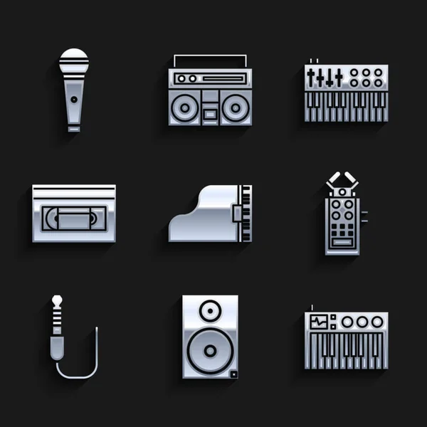 Set Grand piano, Stereo speaker, Music synthesizer, Microphone, Audio jack, VHS video cassette tape, and icon. Vector — Vettoriale Stock