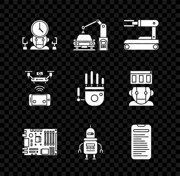 Set Robot and digital time manager, Industrial machine robotic robot arm hand, Electronic computer components motherboard chip, Computer api interface, Remote aerial drone and Mechanical icon. Vector — Stockový vektor
