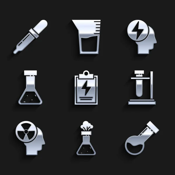 Set Laboratory clipboard with checklist, Test tube and flask chemical, on stand, Human head radiation, Head electric symbol and Pipette icon. Vector — Image vectorielle