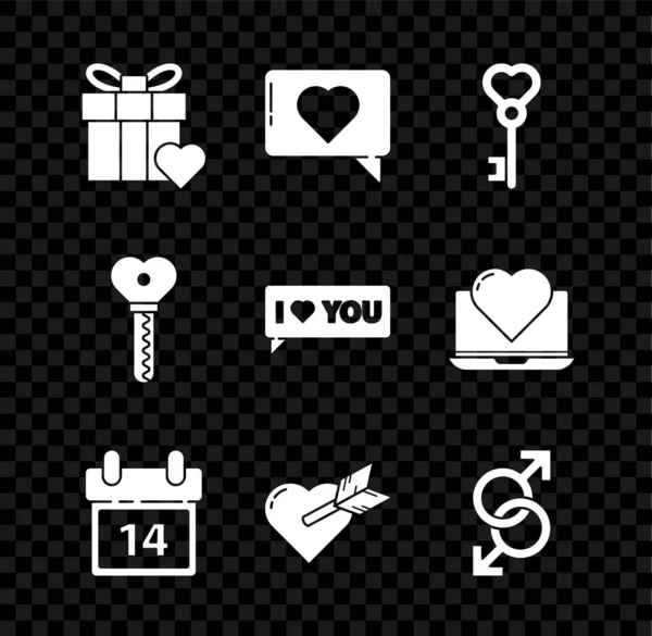 Set Gift box and heart, Like, Key in shape, Calendar with February 14, Amour arrow, Male gender symbol, and Speech bubble I love you icon. Vector — Stok Vektör
