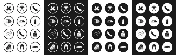 Set Sausage, Meat, Salami sausage, Crossed, Sauce bottle, Barbecue grill, and Steak meat icon. Vector — Stockvektor