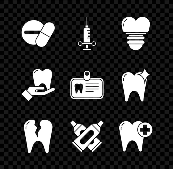 Set Medicine pill or tablet, Dental medical syringe, implant, Broken tooth, Crossed tube of toothpaste, Tooth, and Id card with icon. Vector —  Vetores de Stock