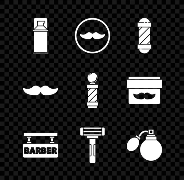 Set Shaving gel foam, Mustache, Classic Barber shop pole, Barbershop, razor, Aftershave bottle with atomizer, and icon. Vector — Vector de stock