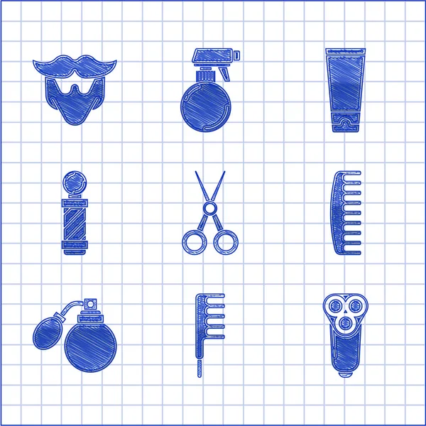 Set Scissors hairdresser, Hairbrush, Electric razor blade for men, Aftershave bottle with atomizer, Classic Barber shop pole, Cream lotion cosmetic tube and Mustache and beard icon. Vector — Image vectorielle