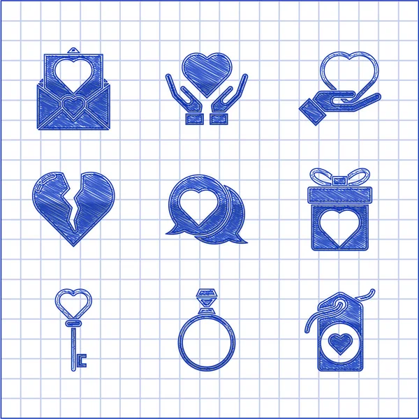 Set Heart in speech bubble, Diamond engagement ring, tag, Gift box with heart, Key shape, Broken or divorce, hand and Envelope Valentine icon. Vector — Stock Vector