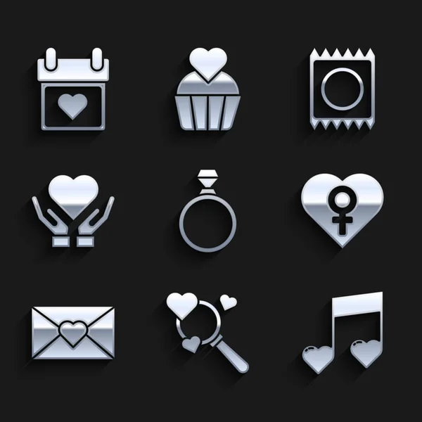Set Diamond engagement ring, Search heart and love, Music note, tone with hearts, Heart female gender, Envelope Valentine, hand, Condom package and Calendar icon. Vector — Διανυσματικό Αρχείο