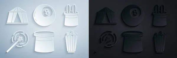 Set Magician hat, and rabbit ears, wand, Popcorn in box, ball of predictions and Circus tent icon. Vector —  Vetores de Stock
