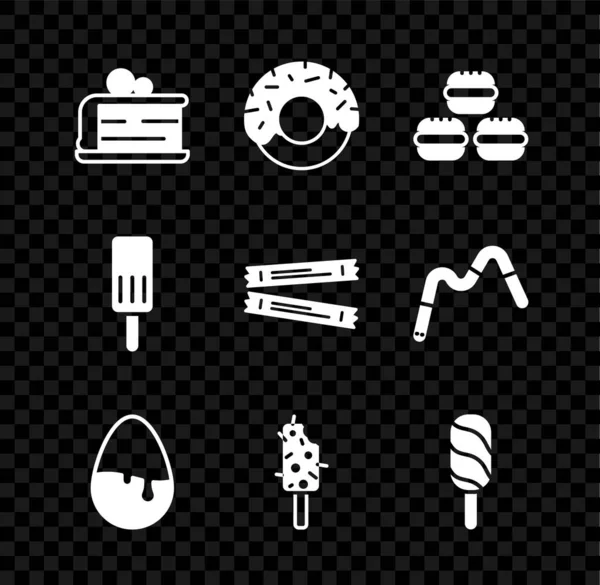 Set Piece of cake, Donut, Macaron cookie, Chocolate egg, Ice cream, and Sugar stick packets icon. Vector — Archivo Imágenes Vectoriales