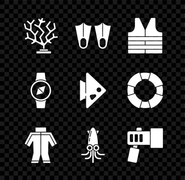 Set Coral, Rubber flippers, Life jacket, Wetsuit, Octopus, Flashlight, Compass and Fish icon. Vector — Vetor de Stock