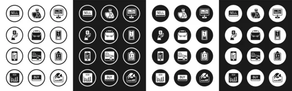 Set Computer with growth graph, Briefcase, Hand holding Bitcoin, Sell button, Mobile dollar, Shield money bag, Business finance report and stock trading icon. Vector — Image vectorielle