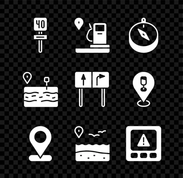 Set Road traffic sign, Location and gas station, Compass, with beach, Gps device error, Broken road and icon. Vector — Stockový vektor
