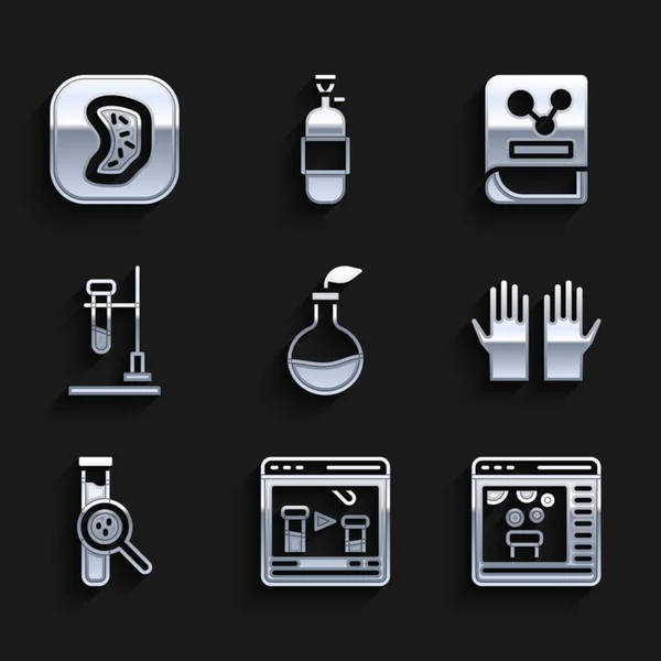 Set Plant breeding, Chemical online, Medical rubber gloves, Test tube and flask, fire, Chemistry book and Bacteria icon. Vector — Stock vektor