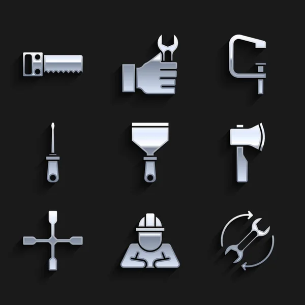 Set Putty knife, Builder, Wrench and arrows as workflow, Wooden axe, Wheel wrench, Screwdriver, Clamp screw tool and Hand saw icon. Vector — Stok Vektör